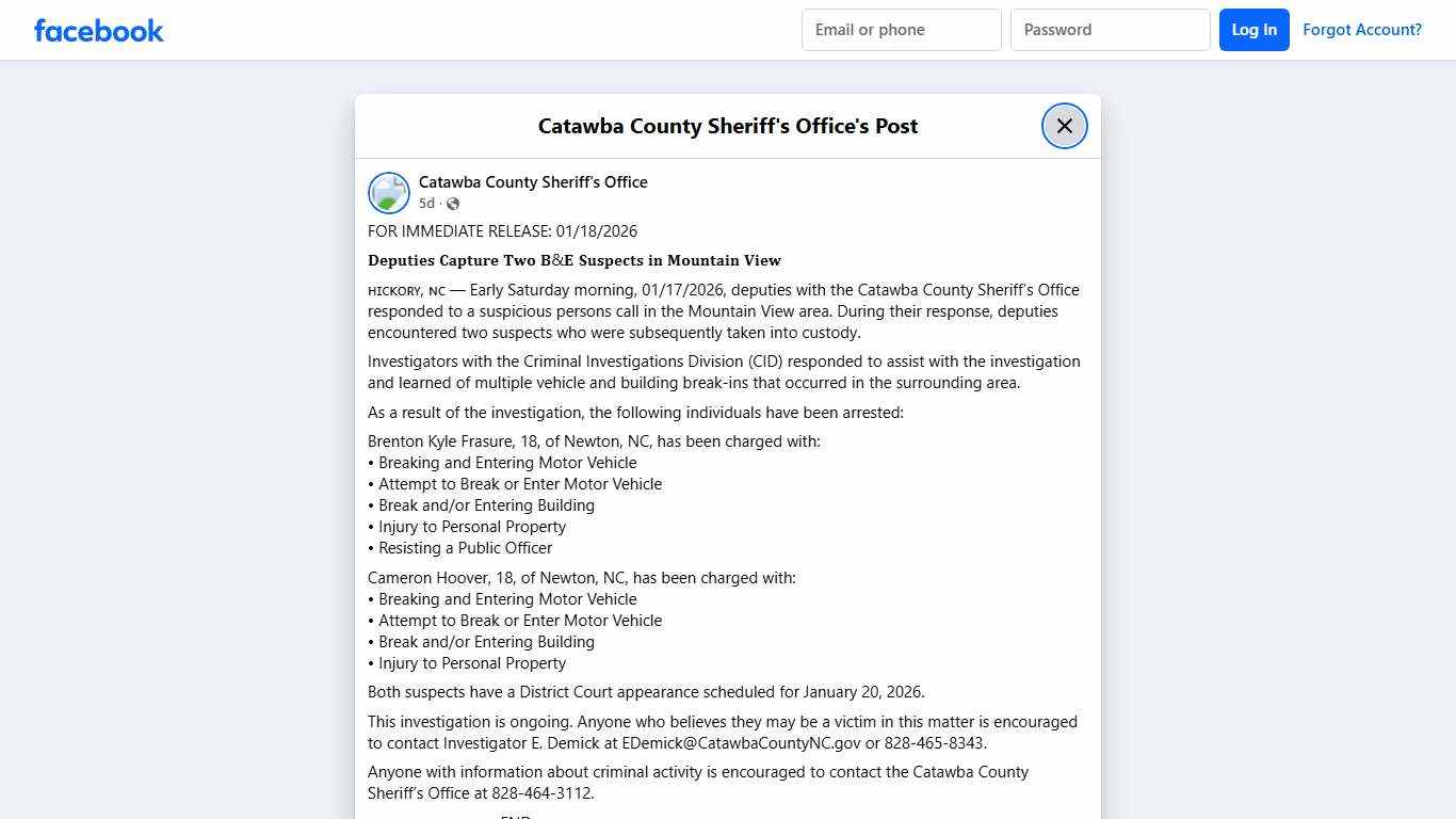 FOR IMMEDIATE RELEASE:... - Catawba County Sheriff's Office Facebook